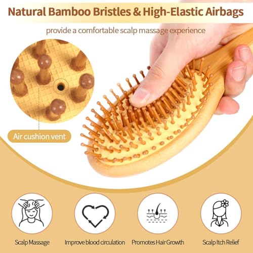 Image of Lyrovo Bamboo Hair Brush for Hair Growth, Natural Bamboo Bristles Detangling Wooden Paddle Hairbrush for Massaging Scalp