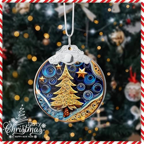 Quilling Christmas Ornament 2025, Christmas Tree Round Shape, 4 Inch Acrylic Ornament Art, Holiday Decoration, Car Interior Decor, Holiday Ornaments (Quilling Christmass Tree)
