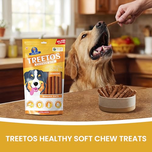 Image of Dr. Pets Pack of 10 (85g Each) Treetos Chicken Stix Dog Treats | Banana Oats Flavour | Soft Chew Sticks for Puppies & Adult Dogs | Training Reward Snacks | Pouch Pack
