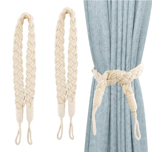 IVANY 2Pcs Curtain Rope Tiebacks,Soft Hand-Woven Holdbacks,Elegant Boho Style Decorative Drape Tie Backs,Curtain Buckle Cord Window Ties for Home & Office Drapery Decor(Beige)