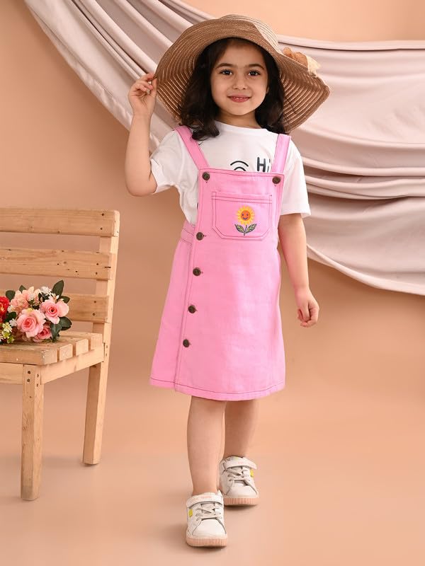 Image of superminis Girls Twill Denim Solid Color Dungree /Dress With Embroidered Pocket (1 Dress,1 Tee)