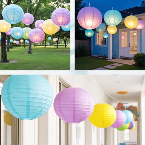 Image of Chinese Paper Lanterns - Pack of 10, 10-Inch Blue /Purple /Yellow Hanging Lights for Birthday Party Decorations, Ceiling Decor, Rainbow Classroom, Wedding, and Home Party