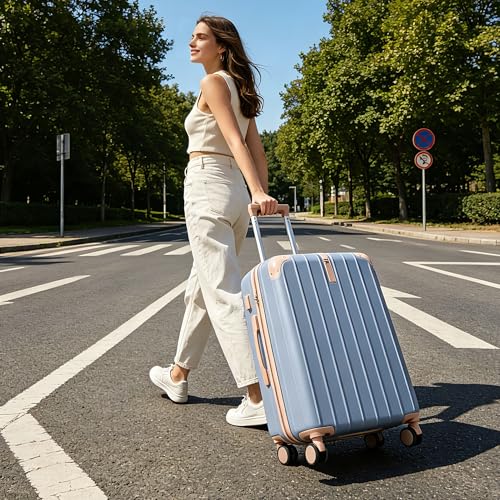 Image of Hardside Luggage Sets, Lightweight Stripes Suitcase with Spinner Wheels, Blue