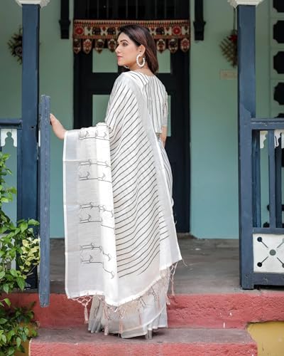 Image of RAJESHWAR FASHION WITH RF Women's Lime Green Floral Print Linen Cotton Saree with Contrast Pallu, Tassel Border, Traditional Summer Festive with Blouse Piece