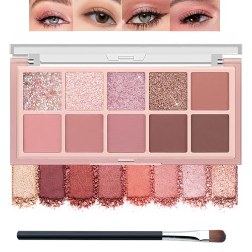 Image of 10 Colors Pink Nude Eyeshadow Palette, Matte Shimmer & Glitter Finishes, Highly Pigmented Blendable Eye Shadow, Compact Travel Size Makeup Palette