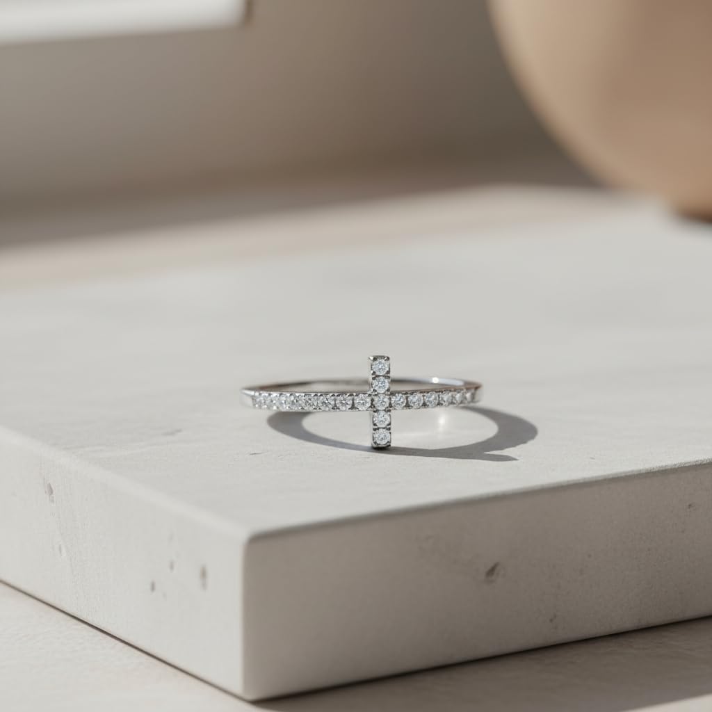 SILVERCLOSEOUT Rhodium Plated Sterling Silver Thin Womens Cz Cubic Zirconia Stackable Sideways Cross Ring Size 4-12
