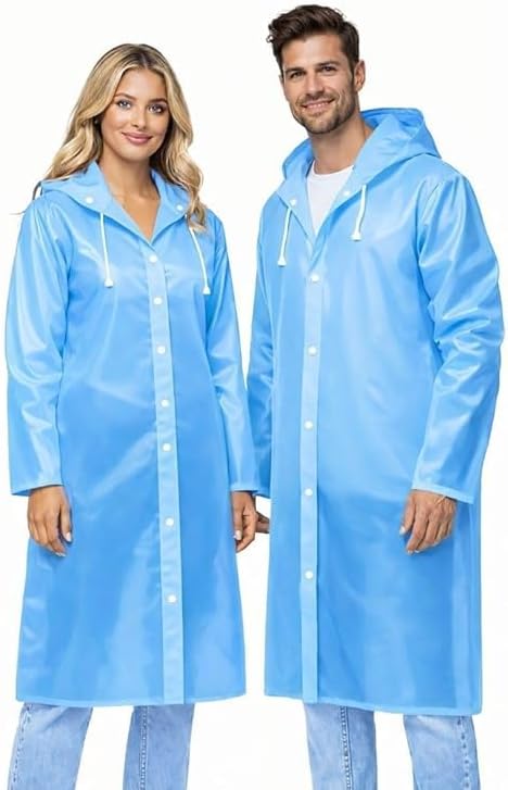 Long Hooded Waterproof Raincoat | Premium EVA Material | Full Length Button Closure Rain Wear Boys and Girls (Light Blue) (1 Piece)