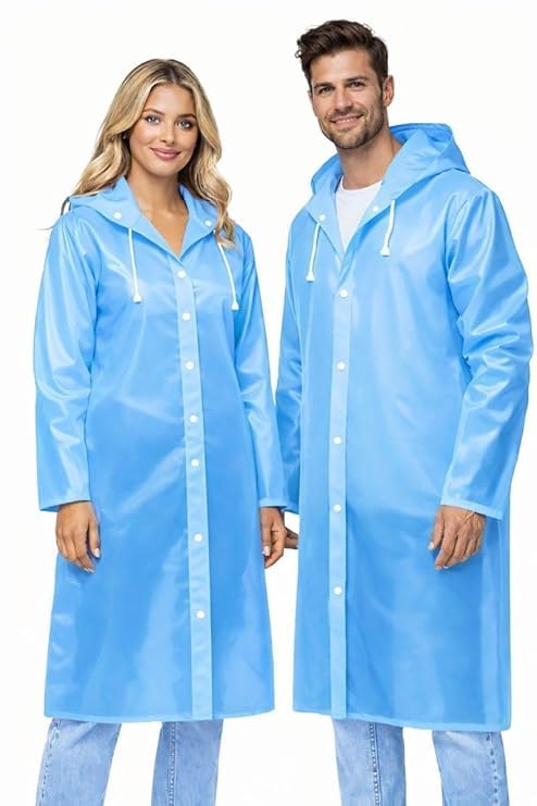 Long Hooded Waterproof Raincoat | Premium EVA Material | Full Length Button Closure Rain Wear Women and Men (Light Blue) (1 Piece)