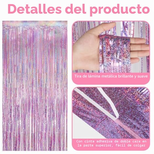 Miniatura 3 de Offcup Cortina De Oropel Rosa Claro, 3pcs Cortinas Metálicas Foil Fringe Cortinas Fiesta, 1m X 2m Flecos Rosa Claro Cortina De Borla, Para Decoración Pared Boda Cumpleaños Halloween Fiestas Navidad