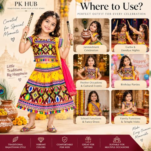 Image of PK HUB Kids Ethnic Radha Dress Lehenga Choli | Chania Choli Set | Janmashtami Mythological | Dandiya Dance Costume | Rajasthani ethinic style For Baby Girls