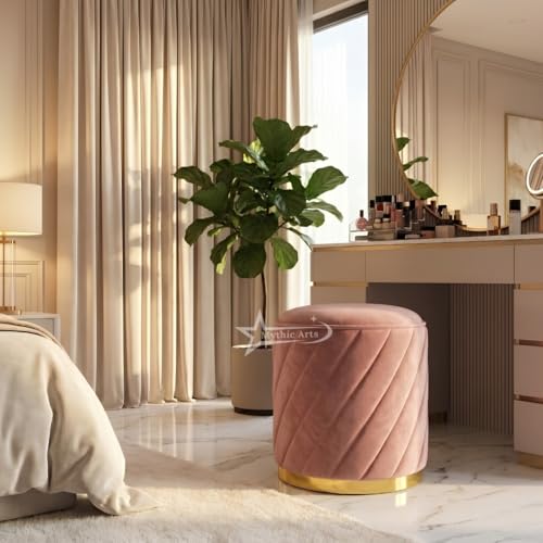 Image of Ottoman Stool, Puffy Stool, Sitting Stool, Modern Upholstered Round Ottoman, Dressing Table for Living-Pink