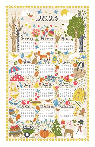 Ulster Weavers Torchon en coton 2023, motif calendrier saisonnier, lièvres, renard, chat, oiseaux, abeilles, bonhomme de neige, etc. Fabriqué en Irlande du Nord, Royaume-Uni, 100 % coton, multicolore Cover