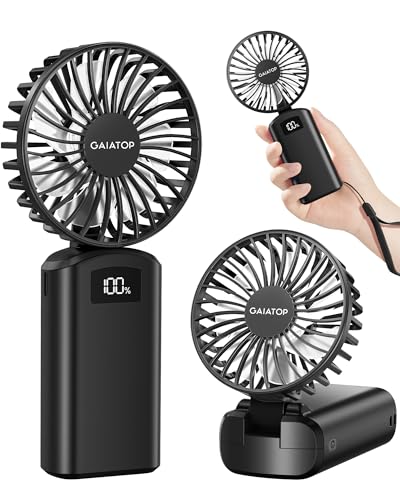 Gaiatop Portable Handheld Fan, 180°Foldable for Desk, 6.5H Max Lasting, 3 Speed Setting, Small and Lightweight, USB Rechargeable Battery with Digital Display for Office Indoor Outdoor Makeup Black