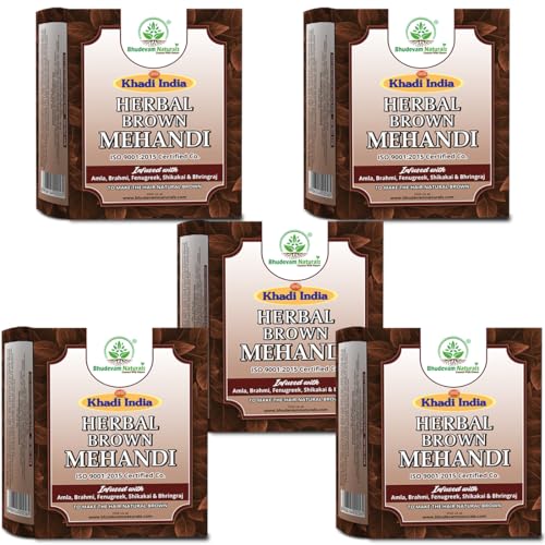 Image of Khadi Organic and Natural Brown Mehandi for Hair By Bhudeval Naturals - Long-Lasting Color & Conditioning Treatment, Suitable for All Hair Types- Pack of 5