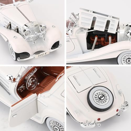 Image of 1:24 Benz 500K Toy Car Model, Diecast Collectible Pull Back Model Car with Sound and Light, Retro Classic Car Toy Gift Vehicles for Adults, Kids, Boys, and Girls (White)