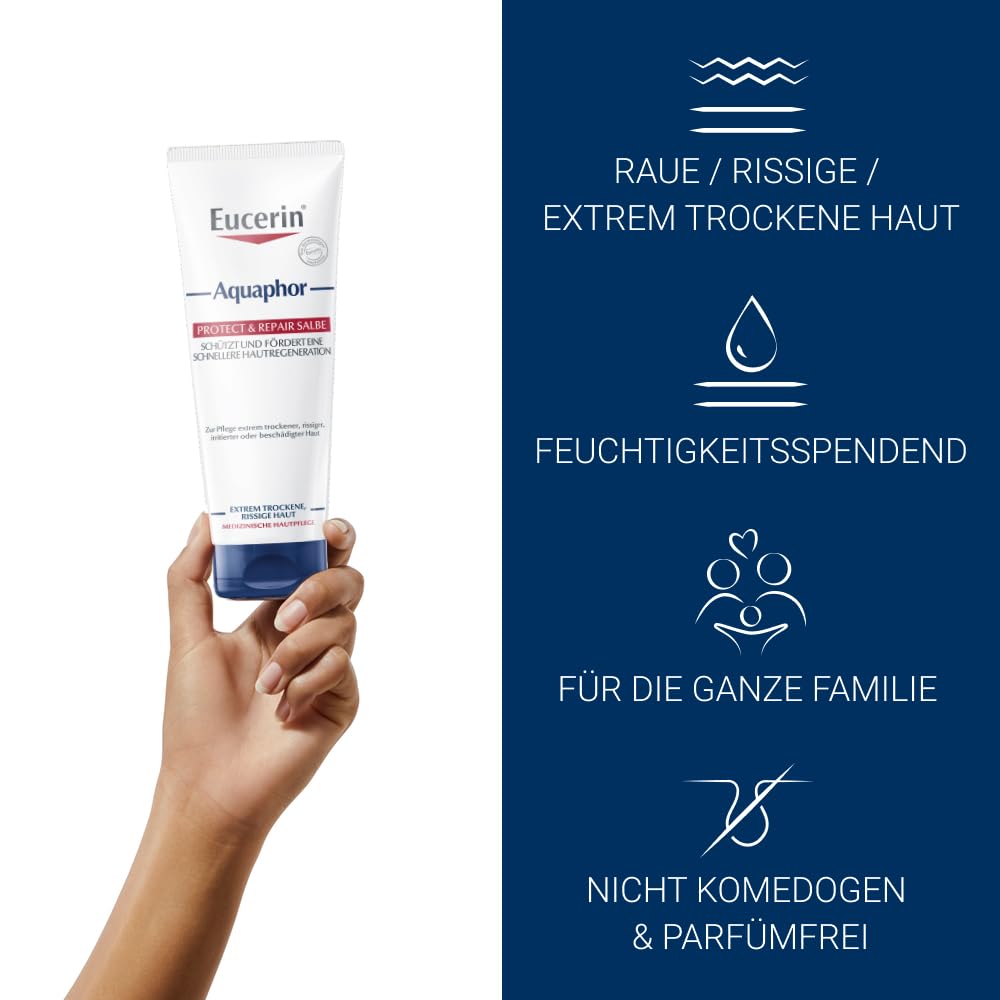 Eucerin Aquaphor Protect & Repair Salbe 220 ml, Feuchtigkeitscreme zur Hautregeneration für Körper und Gesicht, beruhigende Hautpflege ohne Duftstoffe für stark beanspruchte Haut