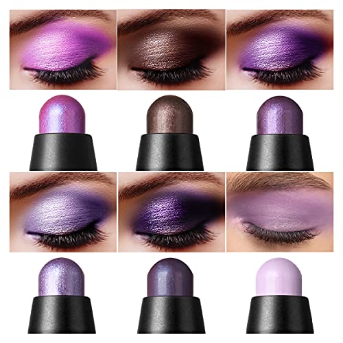 LUXAZA 6 PCS Purple Metallic Eyeshadow Stick Set, Light to Dark Cream Eye Shadow Pencil Crayon Brightener Highlighter Makeup Stick Kit, Hypoallergenic Waterproof Shimmer Eyeliner Make Up