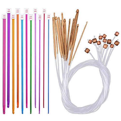 ORNOOU 23 Pieces Tunisian Crochet Hooks Set Including 12 3-10 mm Cable Bamboo Knitting Needles, 11 Pieces of Beaded carbonized Bamboo Hooks 2-8 mm Colorful Tunisian Afghanistan Aluminum Crochet Hooks