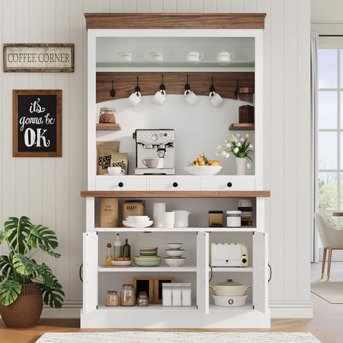 Coffee Bar Cabinet with LED Light, 72" Tall Farmhouse Coffee Bar Hutch with Storage, Sideboard Buffet Cabinet with Microwave Stand/Glass Shelf/6 Hooks/3 Drawers for Kitchen Living Dining Room, White
