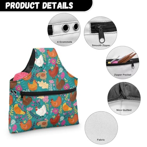 Image of KUIFORTI Boho Yarn Bag Cute Chicken Knitting Needles Holder Bag Yarn Project Bag Needlework Tool Tote Bag with Front Zipper Pocket Lightweight Casual Shopping Handbag Large Size
