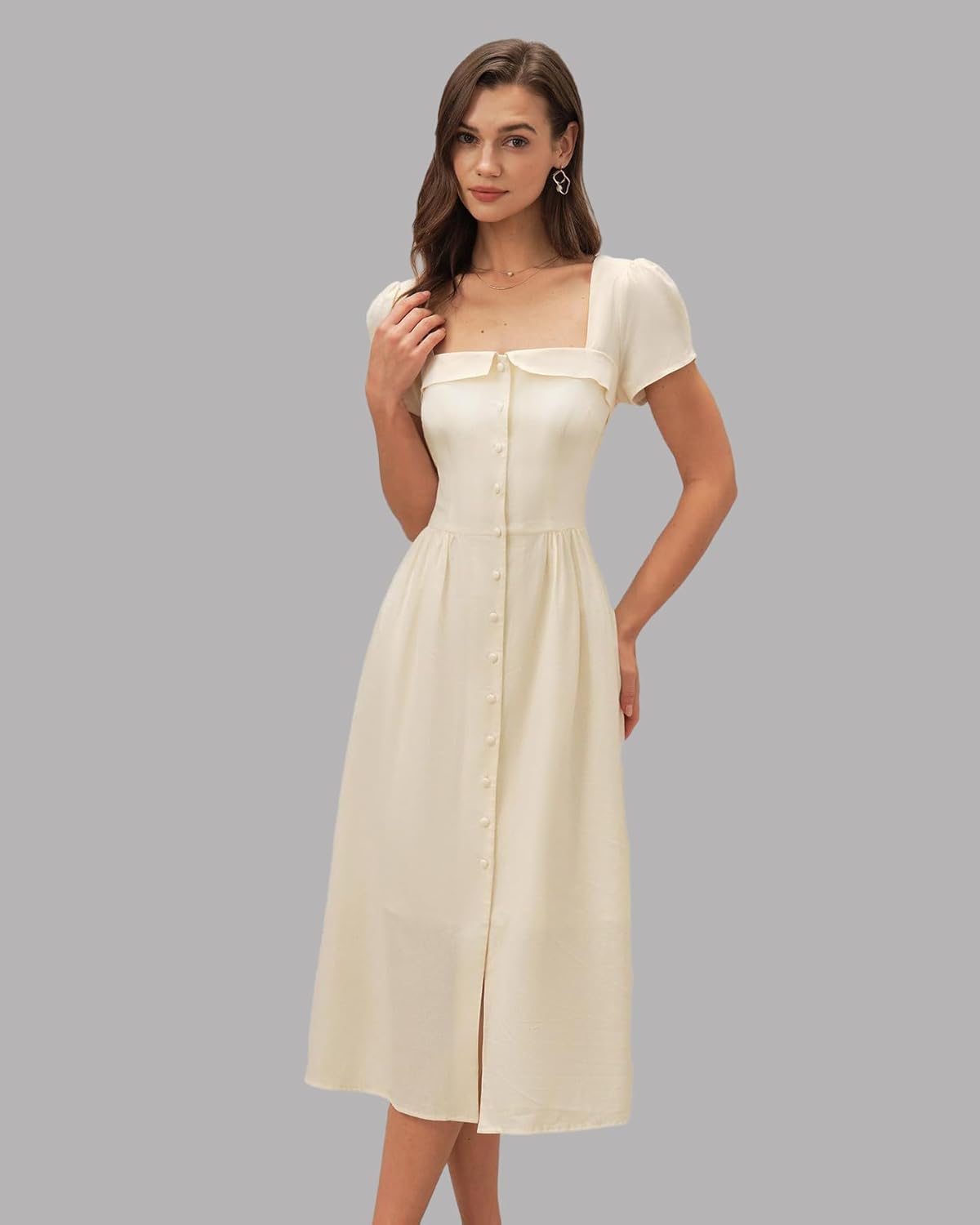 RIHOAS Elegant Casual Dresses for Women Short Sleeve Puff Square Neck A-Line Midi Dress - Image 3