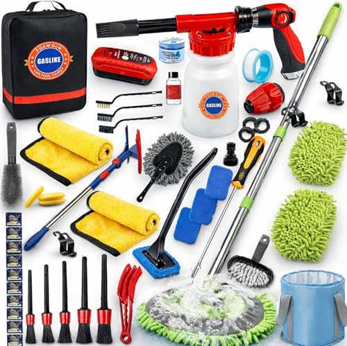 56Pcs Car Wash Cleaning Kit with Foam Gun, Car Wash Brush with Long Handle, Car Detailing Kit, Car Wheel Brush for Car Cleaning Supplies, Adjustable Hose Wash Sprayer-Quick Connector to Any Hose