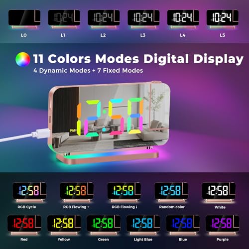 Projector Clock,7.4 in Digital Alarm Clocks Projection on Ceiling Wall,with RGB Night Light,USB C Charging Port,Auto Dimming,LED Mirror Clock for Teen Girl Adults Bedroom Decor - Rose Gold - Image 2