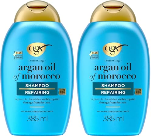 OGX Renewing + Argan Oil of Morocco Shampoo (385 ml), champú reparador con aceite de argán de Marruecos, champú para cabello seco, con tensioactivos sin sulfatos (Paquete de 2)
