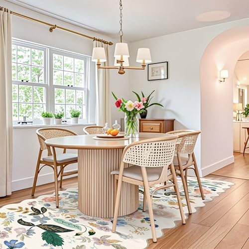 Washable 4x12 Wide Area Rug: Hallway Soft Floral Scalloped Carpet Water Resistant Non-Slip Runner Rug for Entryway Kitchen Dining Room Low Pile Floor Mat for Living Room Bedroom Nursery(4x12,Cream)