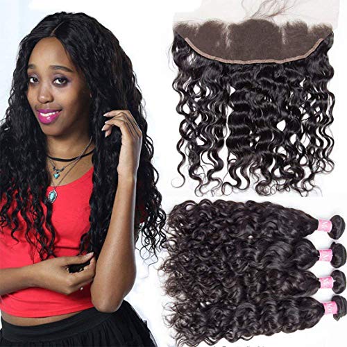 Ali Moda Malaysian Water Wave 3 Bundles With 13X4 Ear To Ear Lace Frontal Closure 100% Unprocessed Human Virgin Hair Extensions with Baby Hair Natural Color (22 24 24 with 20)