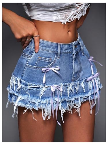 MakeMeChic Women's Denim Skirt Bow Knot Y2K Raw Hem A Line Mini Jean Skirts4