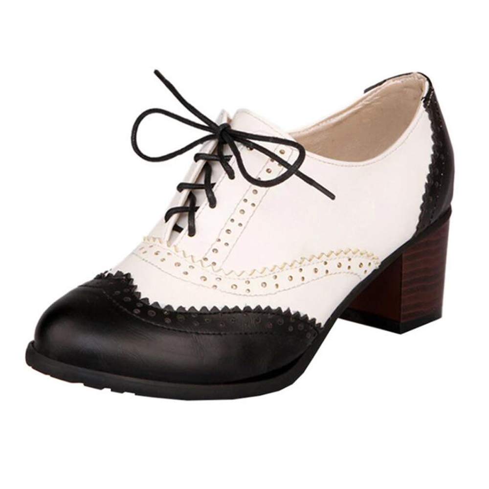 MiluoroMiluoro Women's Vintage Leather Oxfords Wingtip Lace up Mid-Heel Chunky Brogue Shoes