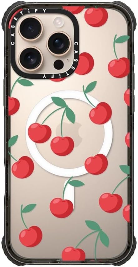 CASETiFY Ultra Impact iPhone 16 Pro Max Case [Strong Slim / 11.5ft 5X Militray Grade Drop Protection/Compatible with Magsafe] - Cherries - Clear Black