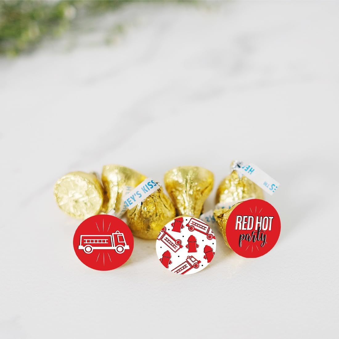 Andaz Press Birthday Chocolate Drop Labels Trio, Fits Kisses Party Favors, Firetruck and Fire Hydrant, 216-Pack, Red Hot Party!