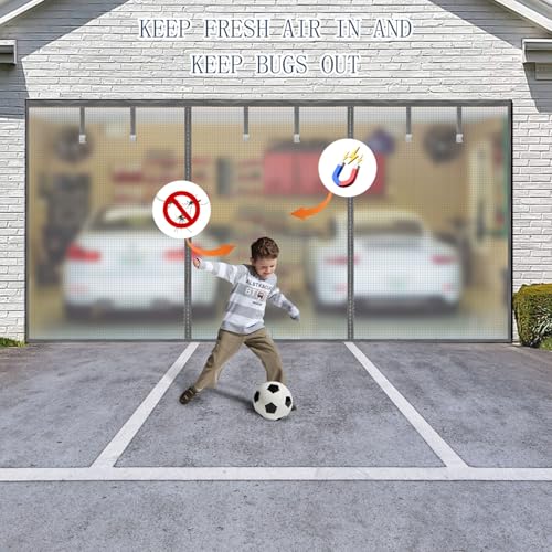 Image of Garage Door Screen for 2 Car Garage,16X7Ft Heavy Duty Magnetic Garage Screen,Durable Nylon Screen Door Mesh,Tear-Resistant, Pet and Kid Friendly Door Screen,Silver Grey