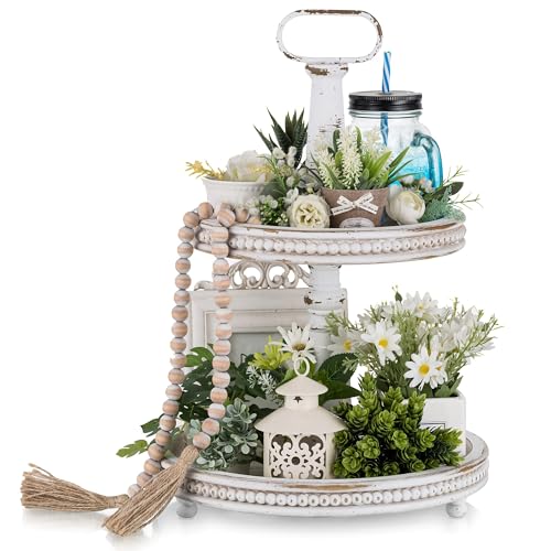 Hanobe Two Tiered Tray Stand: Boho White Farmhouse Valentine's Day 2 Tier Decorative Trays Round Coffee Table Decor Display Stands for Living Room Kitchen Centerpieces