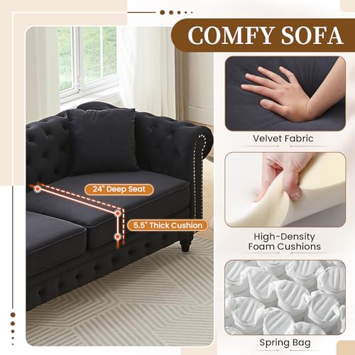 Image of Mid Century Modern Loveseat Sofa, 63.5 inchW Velvet Fabric Button Tufted Small Couch with Nailhead Trim & Roll Armrest, Upholstered Comfy Chesterfield Sofa for Living Room, Office(2 Seater, Dark Black)