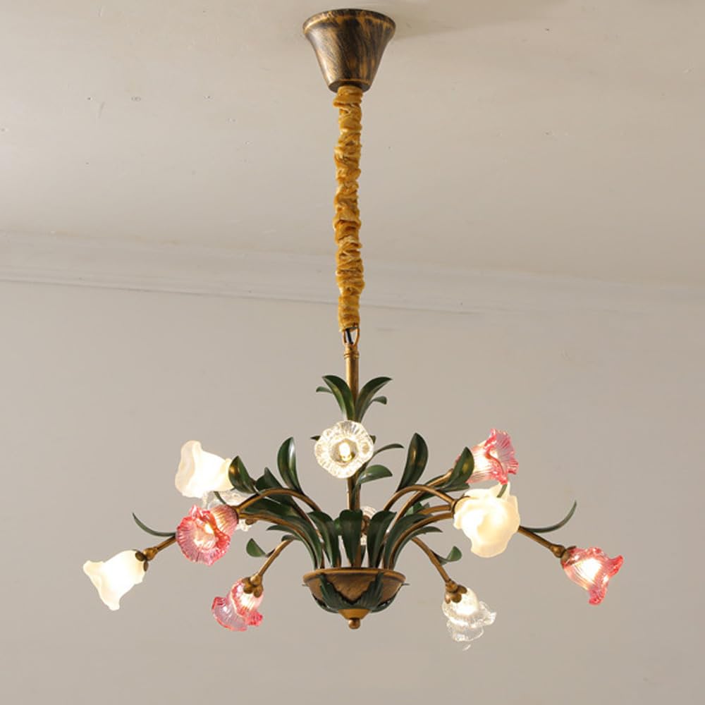 Lustre vintage en verre à 12 lumières dorées pour grand salon