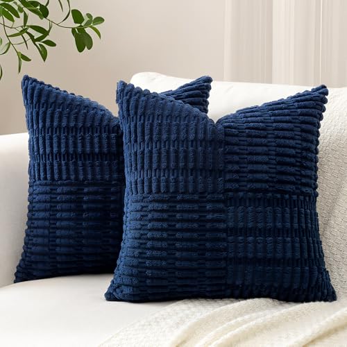 Sungeek Juego de 2 Fundas de Cojínes 60x60 cm Azul Marino de Pana Suave Fundas de Almohada Decorativas con Patchwork a Rayas Cruzadas Funda Cojines para Sofá Dormitorio Sala de Estar