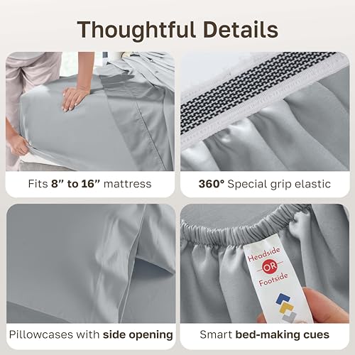 Image of California Design Den Luxury 1000 Thread Count King Size Sheets Set | Backed by Good Housekeeping Seal - 100% Cotton Sateen - Soft, Thick & Heavy, 16 inch Deep Pocket, All-Around Elastic, Light Grey