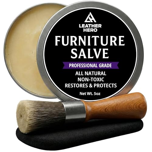 3-in-1 Furniture Salve for Leather & Wood – Polisher, Conditioner, & Restorer for Couches and Furniture- Leather Repair Salve with Brush & Buffing Pad- 5oz