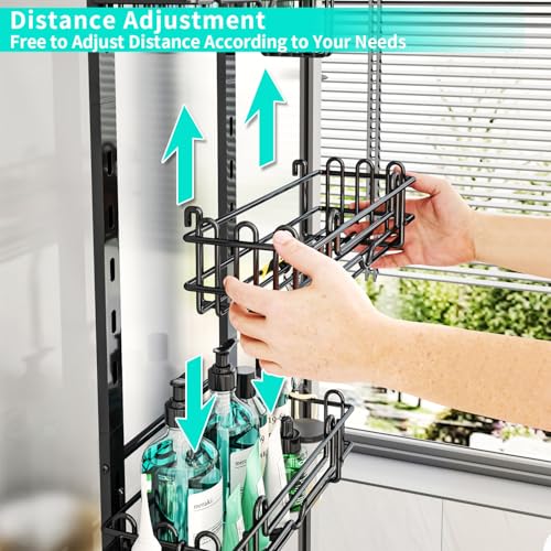 HapiRm-Over-the-Door-Shower-Caddy-4-Tier-Hanging-Shower-Organizer-with-22-Hooks-and-2-Toothbrush-Holders-No-Drilling-Adjustable-Hanging-Shelves-for-Bathroom-Black