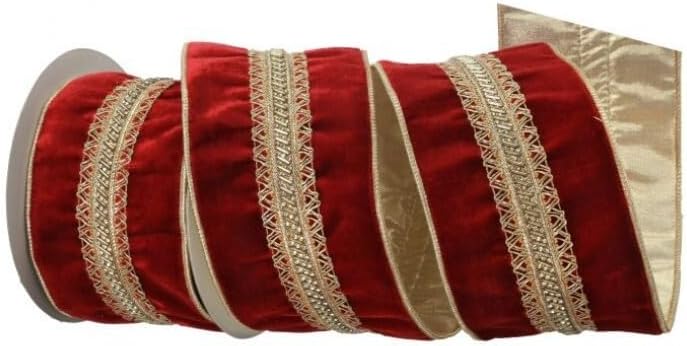 Regency International Beaded Jewel Trim Royal Velvet Ribbon, 5-Yard, Red Gold