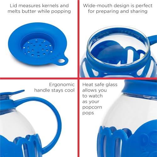 Image of Ecolution Patented Micro-Pop Microwave Popcorn Popper with Temperature Safe Glass,3-in-1 Lid Measures Kernels and Melts Butter,Made Without BPA,Dishwasher Safe,3-Quart,Blue,(Pack of 4)
