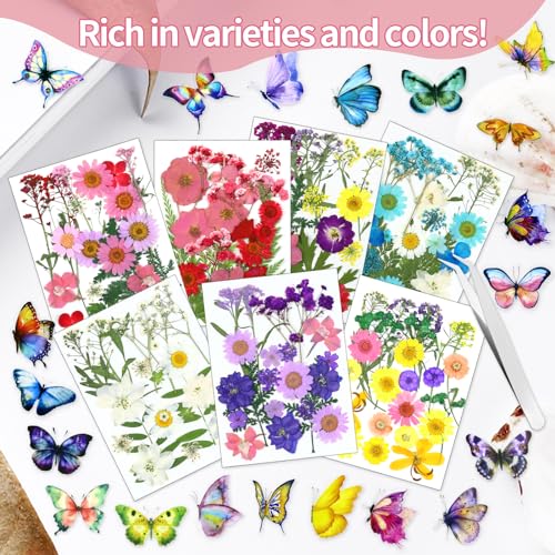 Image of 190 Pcs Dried Pressed Flowers for Resin, Real Dried Pressed Flowers for Resin Butterfly Stickers DIY Art with Tweezers Crafts Decorate for Candles Jewelry Nail Crafts