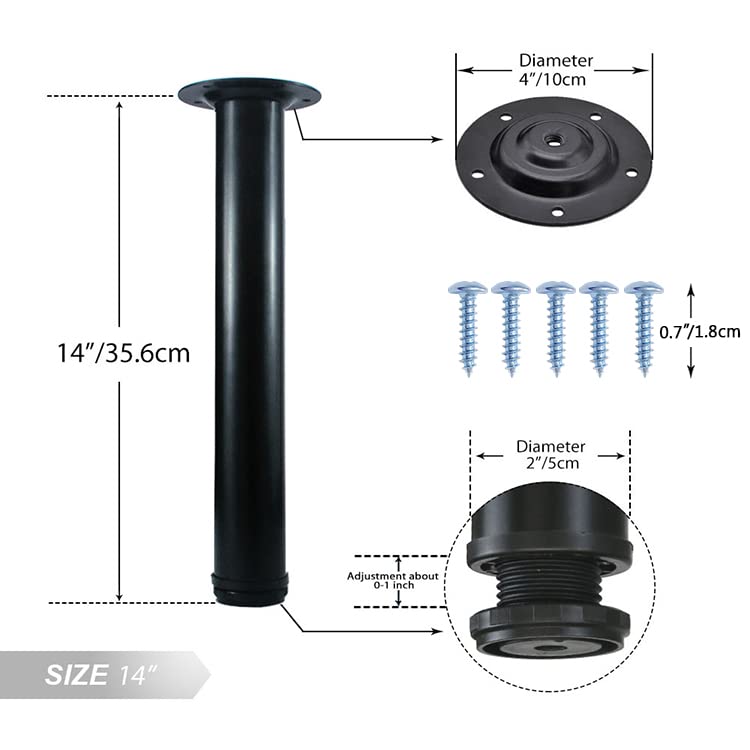 Image of QLLY 14 Inch Adjustable Metal Coffee Table Legs, Heavy Duty Round Furniture Legs with 1 inch Leveling Feet for Ottoman, Bench, End Table and Sofa Replacement, Set of 4 (Black)