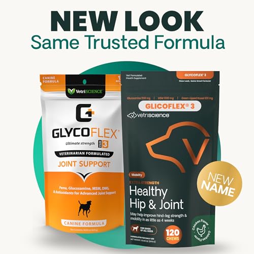 VetriScience Extra Strength Healthy Hip & Joint Chews, GlycoFlex 3, Glucosamine, Green-Lipped Mussel, Joint Support Supplement for Dogs, Promote Mobility & Soothe Joint Discomfort, Chicken, 120 Count