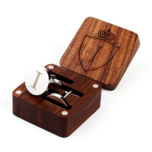 Image of Mens Initial Silver Cufflinks A-Z Alphabet Letter Steel Cuff Links with Engraved Walnut Wood Box Groom Groomsman Wedding Set