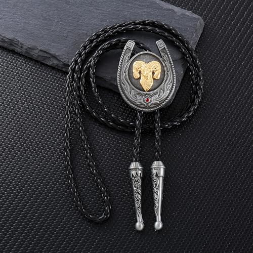 Image of Bolo Tie for Men Women Cowboy Turquoise Celtic Natural Tiger Eye Stone Longhorn Bull Western Leather Bolo Necktie