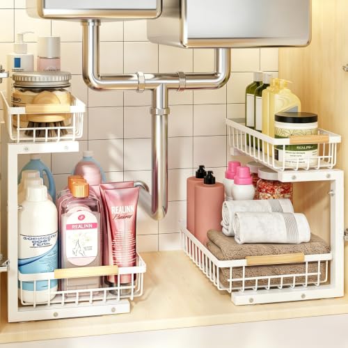 REALINN Under Sink Organizer, 2 Pack Height Adjustable Under Sink Organizers and Storage, 2 Tier Pull Out Drawer Cabinet Storage for Kitchen Bathroom, White